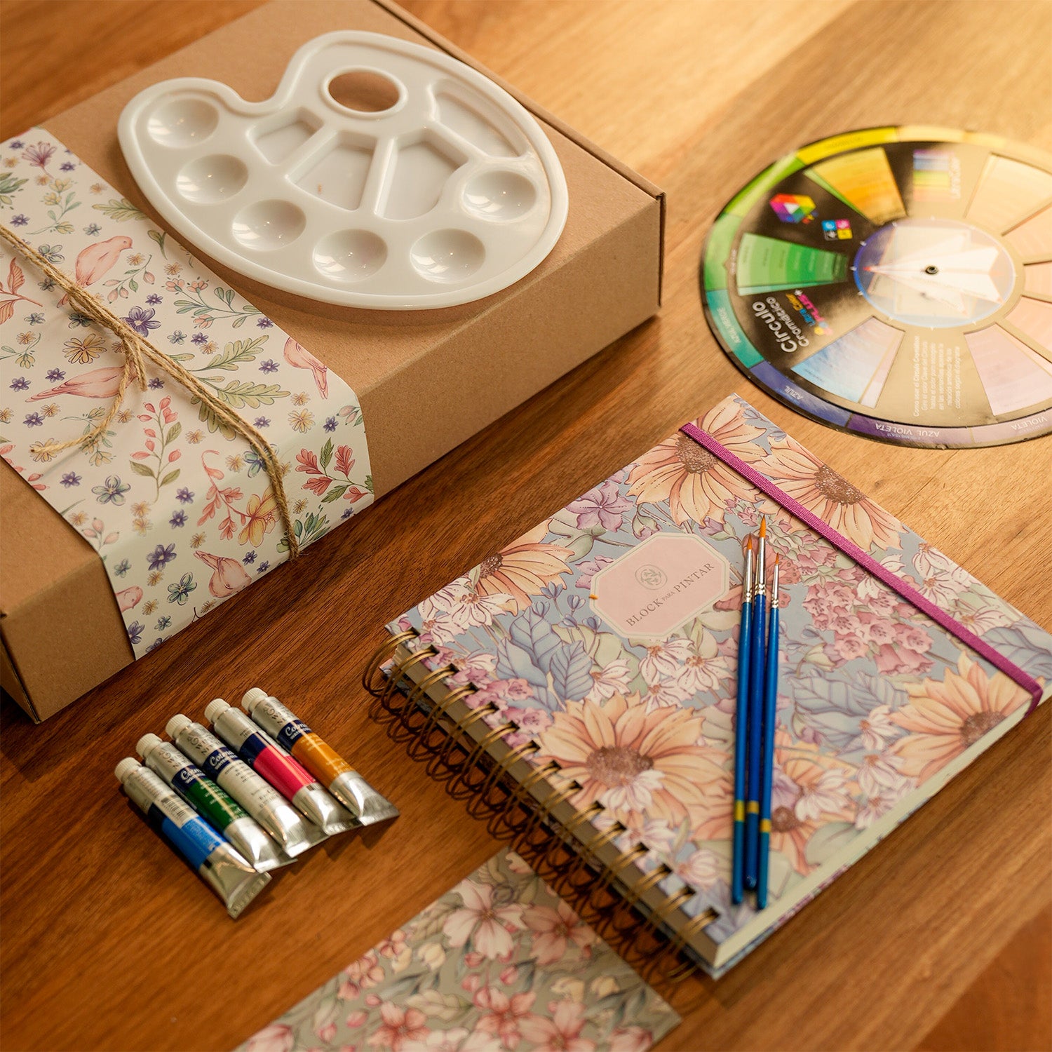 Set de pintura, incluyendo cinco tubos de acuarela, una paleta, tres pinceles, un círculo cromático y un block de pintura.